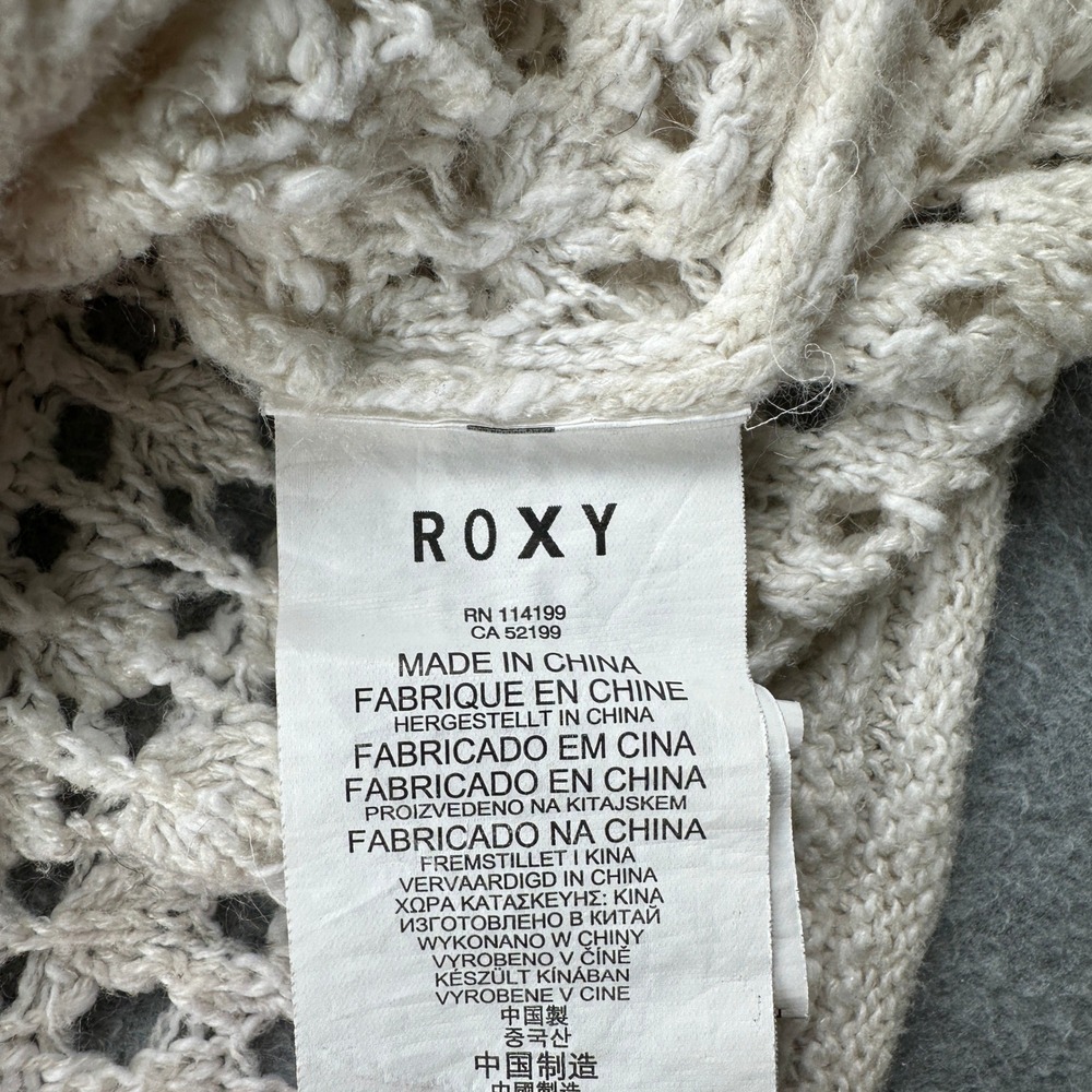Roxy Sweater Womens L Hoodie Cream Crochet Open Knit Beach Boho V-Neck Pullover - Picture 7 of 8